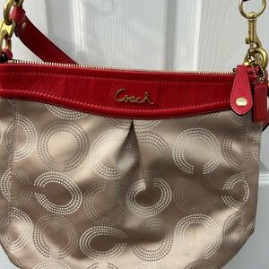Coach Beige Signature Shoulder Bag with Red Leather Trim